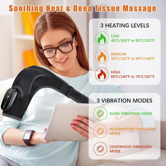 BINGONE shoulder massager shows 3 heat levels for personalized comfort.