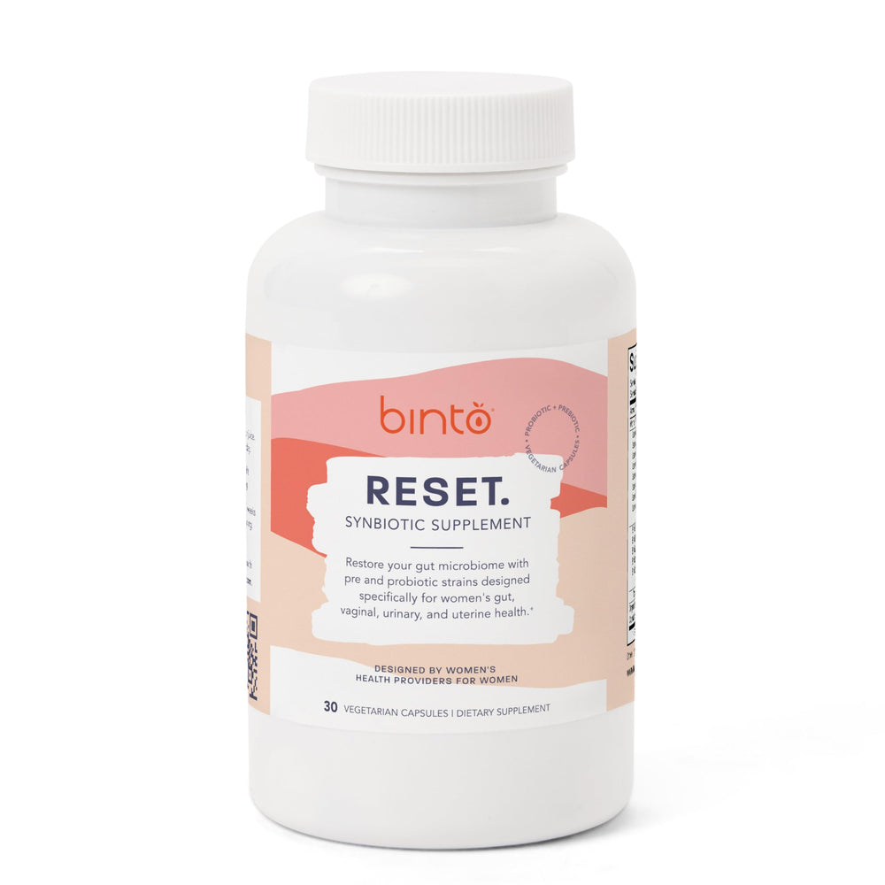 Binto Reset bottle front—daily gut health support in a compact capsule