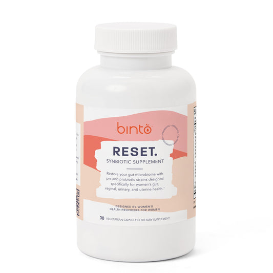 Binto Reset bottle front—daily gut health support in a compact capsule