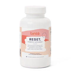 Binto Reset bottle front—daily gut health support in a compact capsule