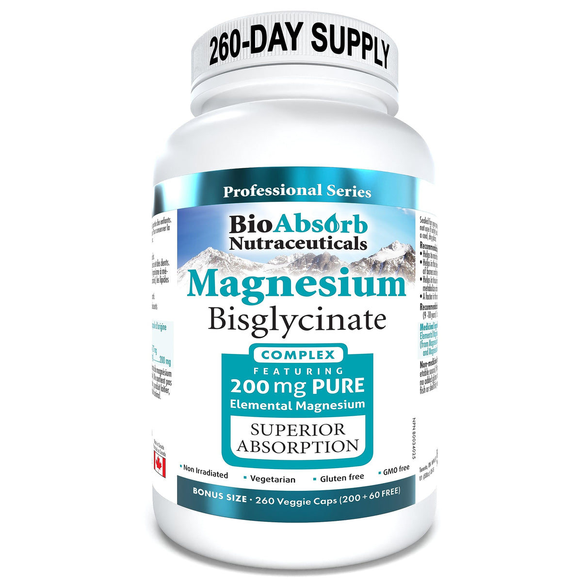 Bio Absorb Magnesium Glycinate bottle with 260 vegan capsules for daily muscle support