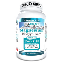 Bio Absorb Magnesium Glycinate bottle with 260 vegan capsules for daily muscle support