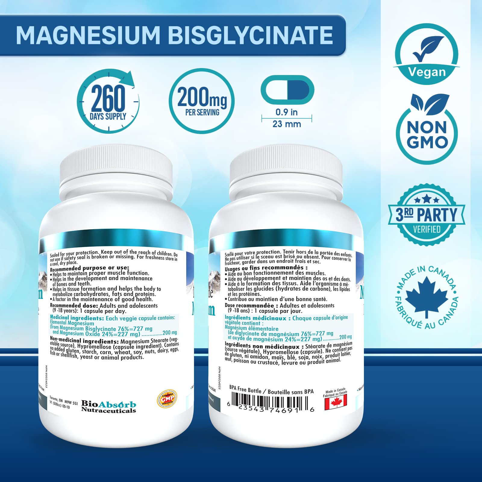 Close-up of Bio Absorb Magnesium Glycinate capsules showing vegan formula and stability
