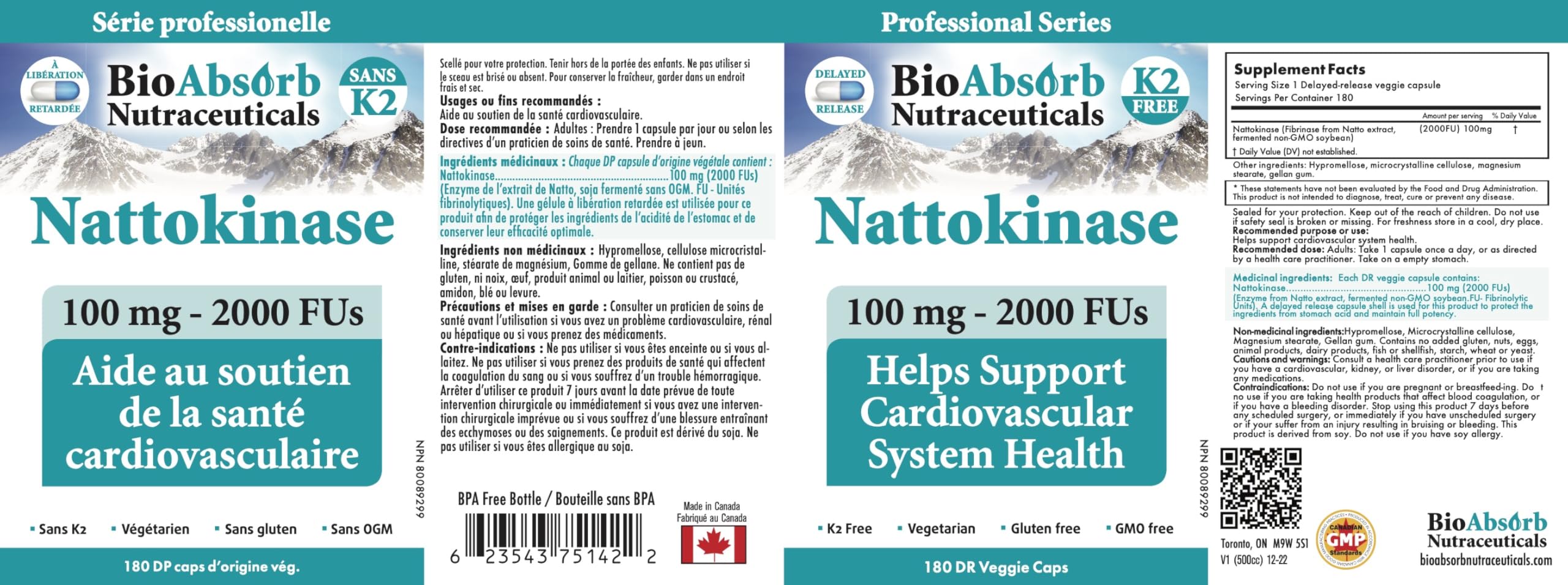 Bio Absorb Nattokinase Canada GMP facility badge on packaging