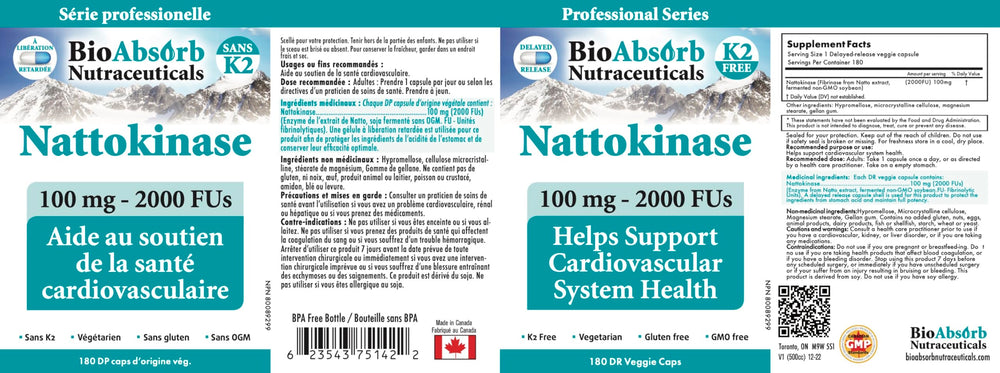 Bio Absorb Nattokinase Canada GMP facility badge on packaging