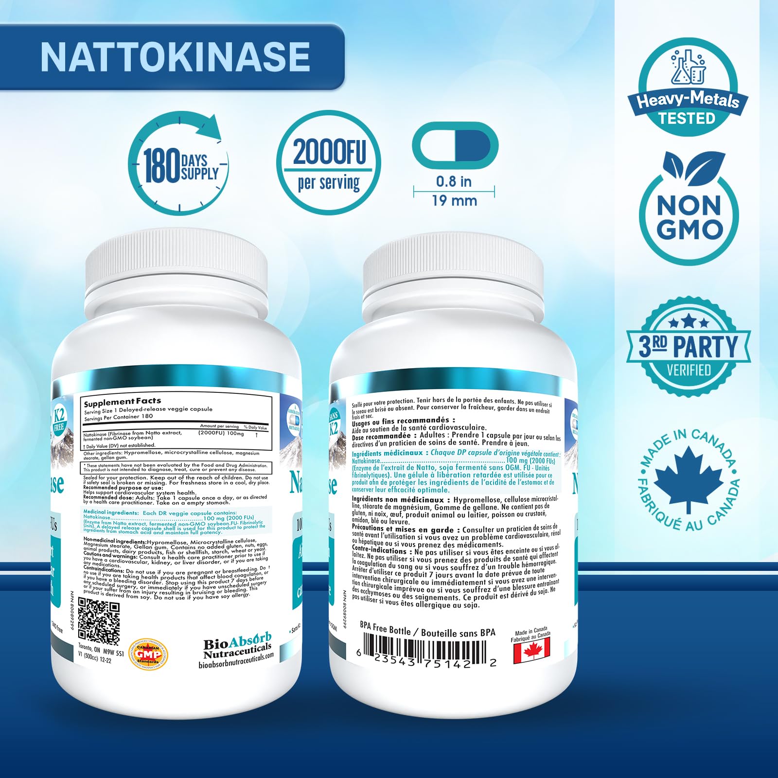 Bio Absorb Nattokinase capsules close-up, vegetarian formula for everyday use