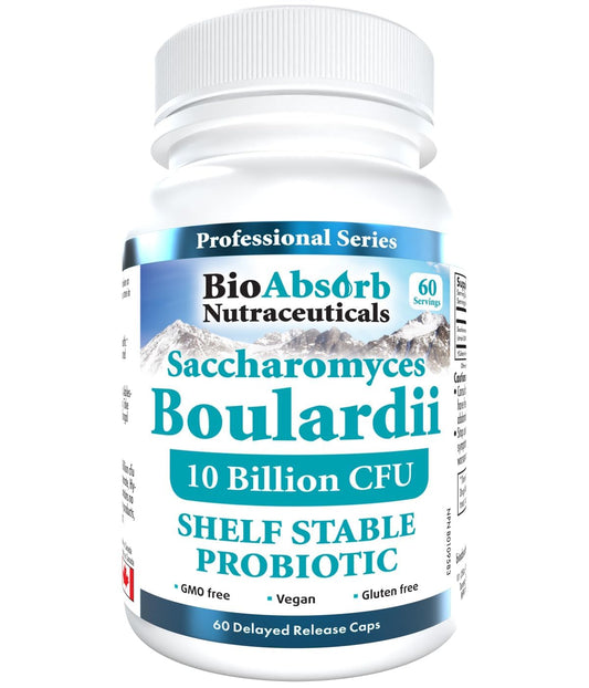 Bio Absorb Saccharomyces boulardii bottle with label highlighting 10B CFU per capsule