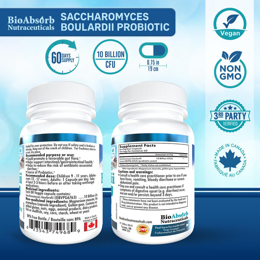 Bio Absorb Saccharomyces boulardii capsules neatly arranged for daily vegan probiotic routine