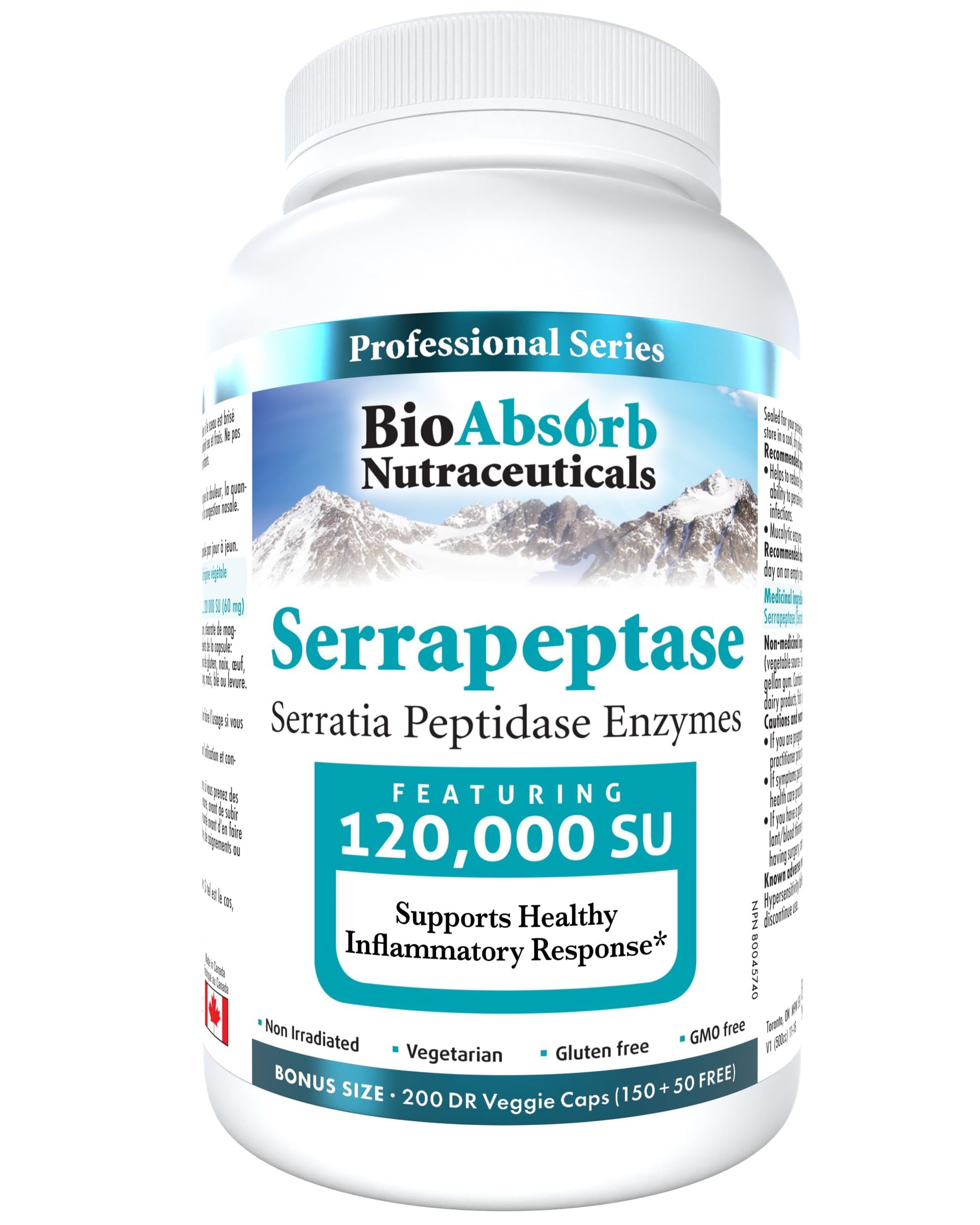 Bio Absorb Serrapeptase bottle showing 120k SPU potency and DRcaps protection.