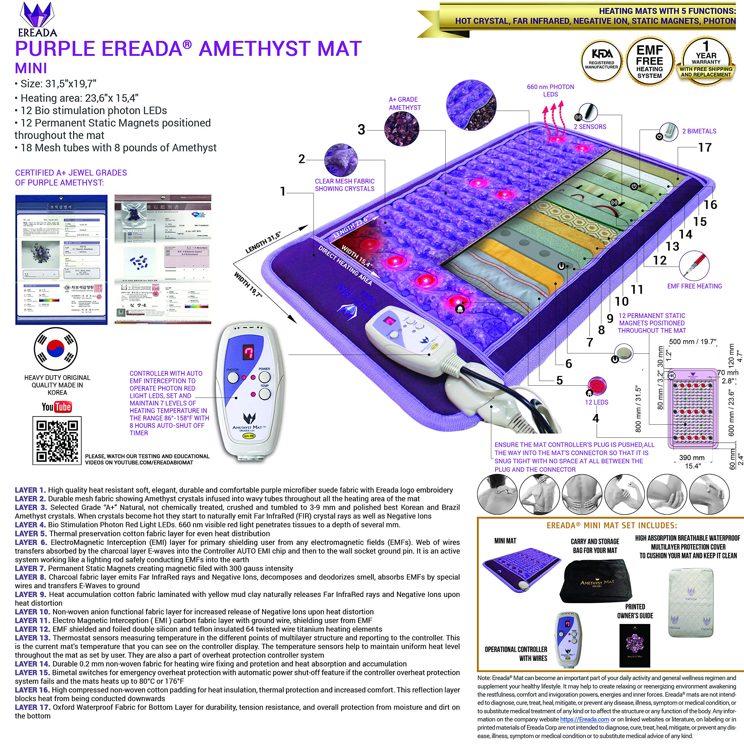 Bio Amethyst Ereada mini mat high heat option for deep relaxation