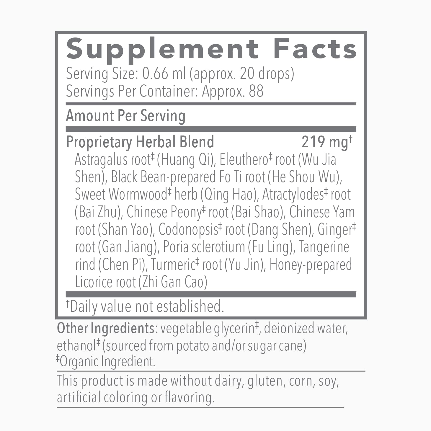 Close-up of Biotonic botanicals highlighting a diverse herbal blend.