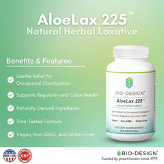 Bio-Design Aloe Lax 225 capsules ready for daily dosing