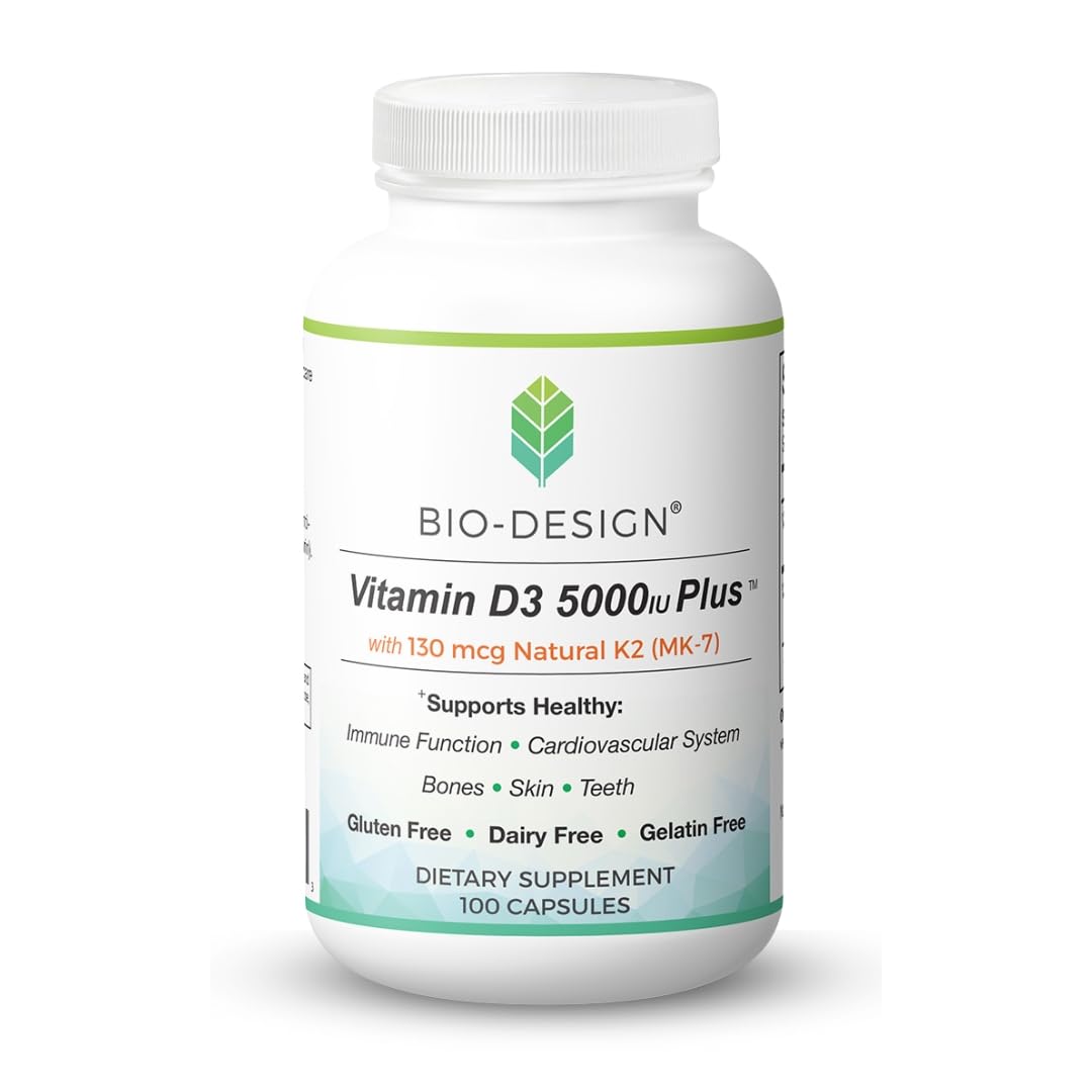 Bio-Design Vitamin D3 5000iu Plus MK-7 bottle for immune and bone health support.