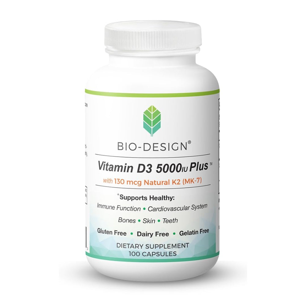 Bio-Design Vitamin D3 5000iu Plus MK-7 bottle for immune and bone health support.