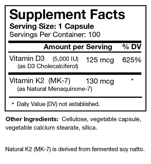 Bio-Design Vitamin D3 5000iu Plus MK-7 label highlighting MK-7 and health benefits.
