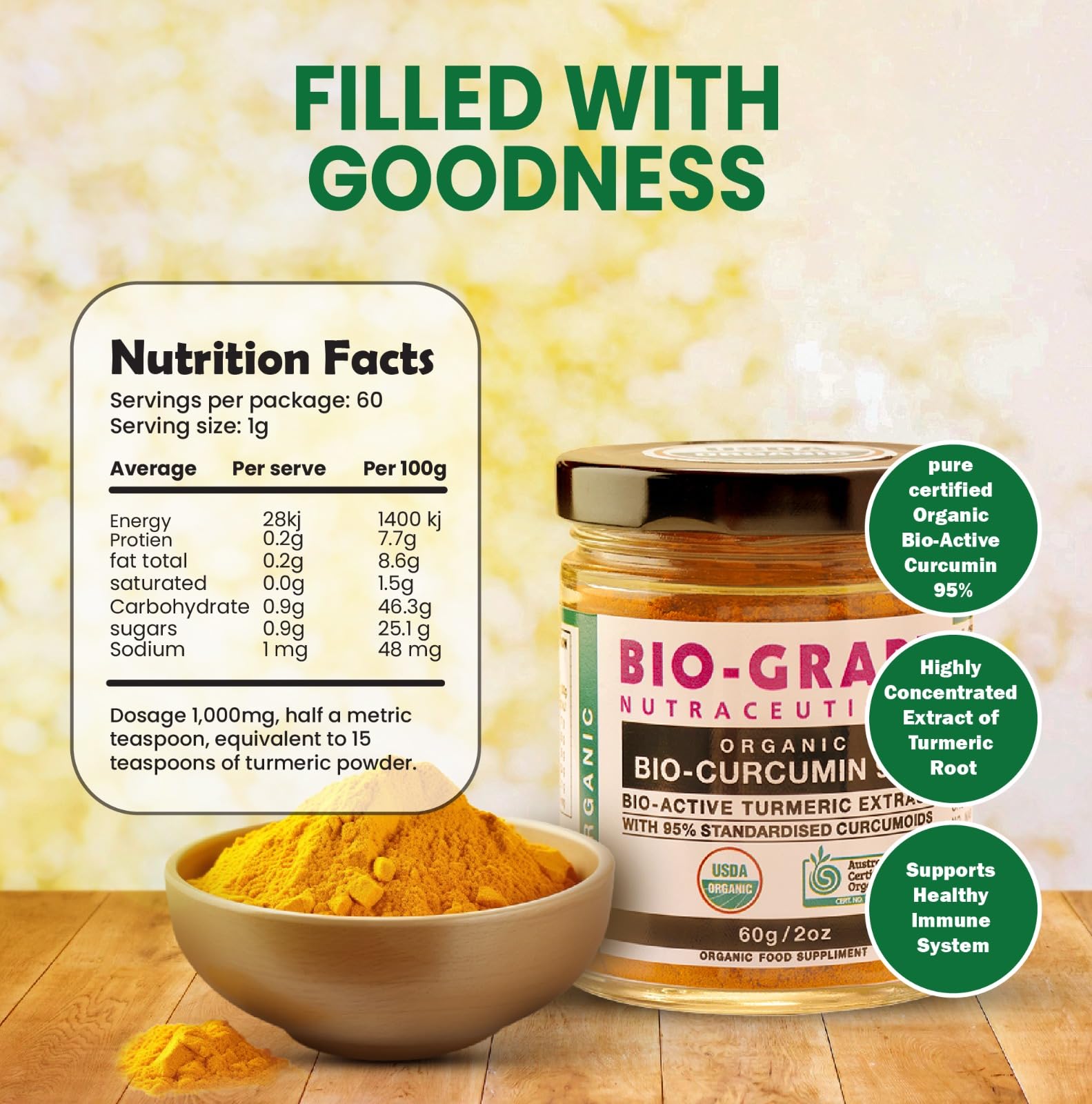 BIO-GRAPE curcumin 95% powder scoop ready for drinks.
