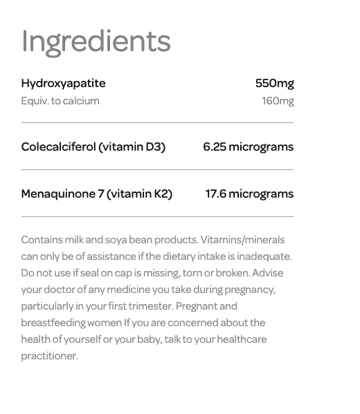 Milk-derived calcium hydroxyapatite with vitamins D3 and K2 in BiO supplement capsules