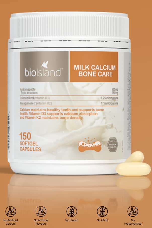 Packaging of Bio Island Milk Calcium Bone Care showing no artificial colors or preservatives