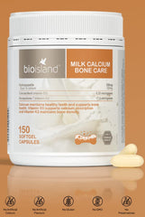 Packaging of Bio Island Milk Calcium Bone Care showing no artificial colors or preservatives
