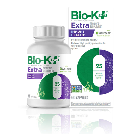 Bio-K+ vegan probiotic bottle with Wellmune supports daily immune health.