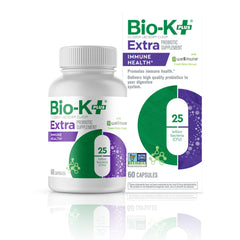 Bio-K+ vegan probiotic bottle with Wellmune supports daily immune health.