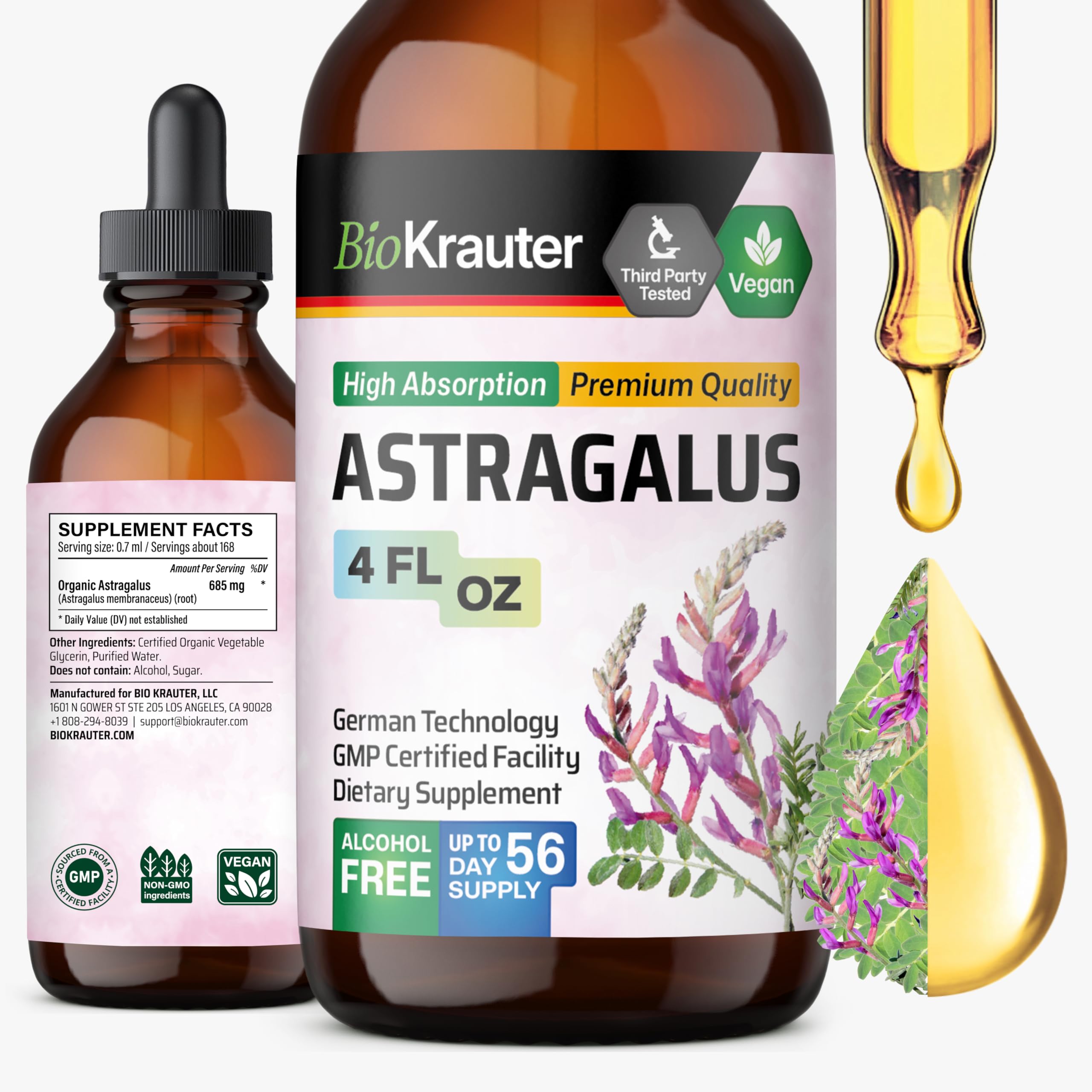 BIO KRAUTER Astragalus tincture bottle front shows pure alcohol-free formula for immune support