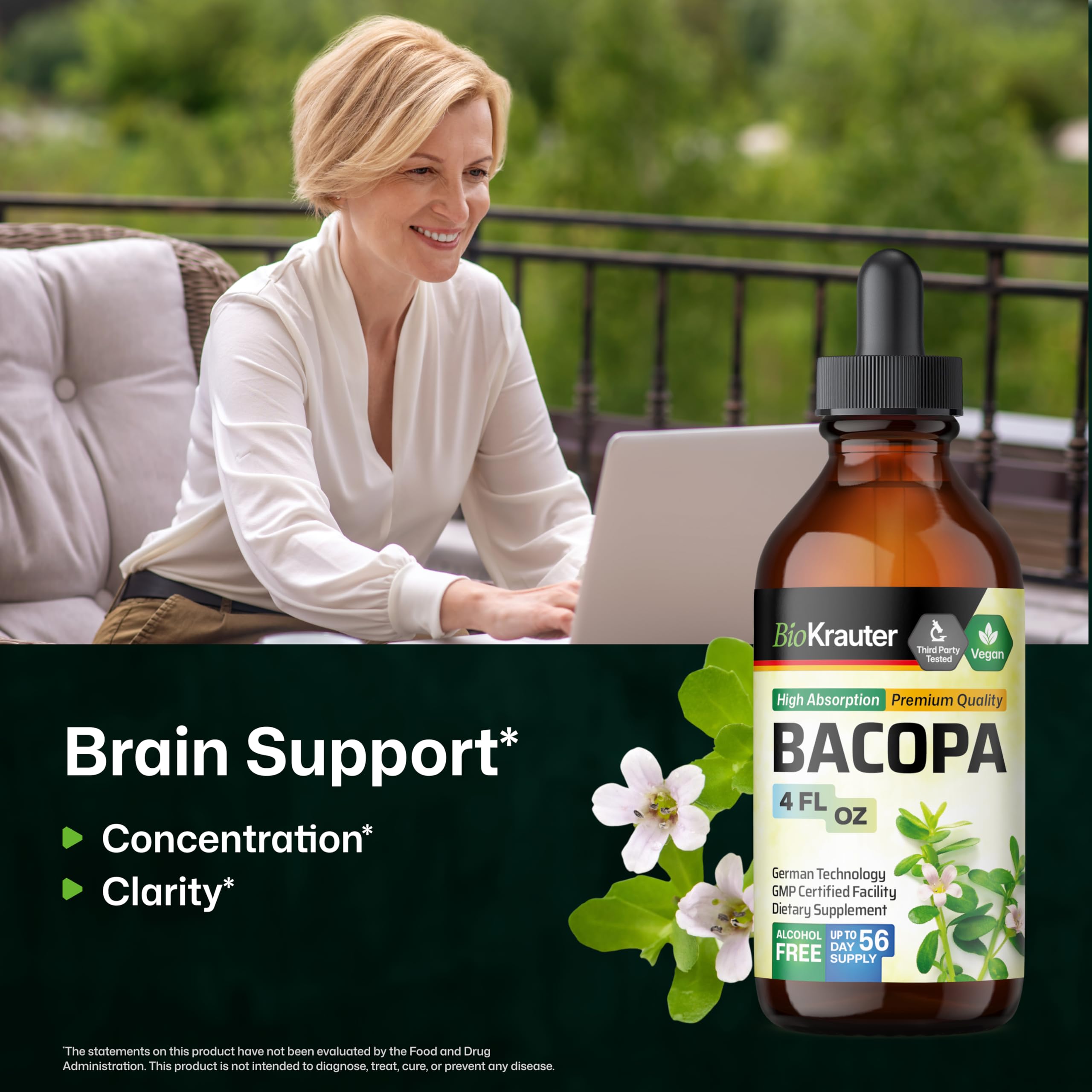 BIO KRAUTER Bacopa Drops label highlights vegan and alcohol-free formula