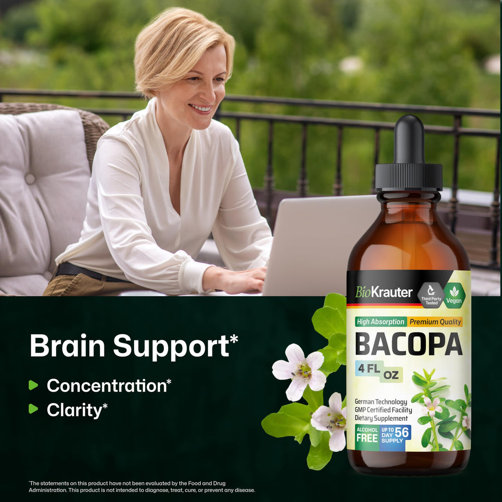 BIO KRAUTER Bacopa Drops label highlights vegan and alcohol-free formula
