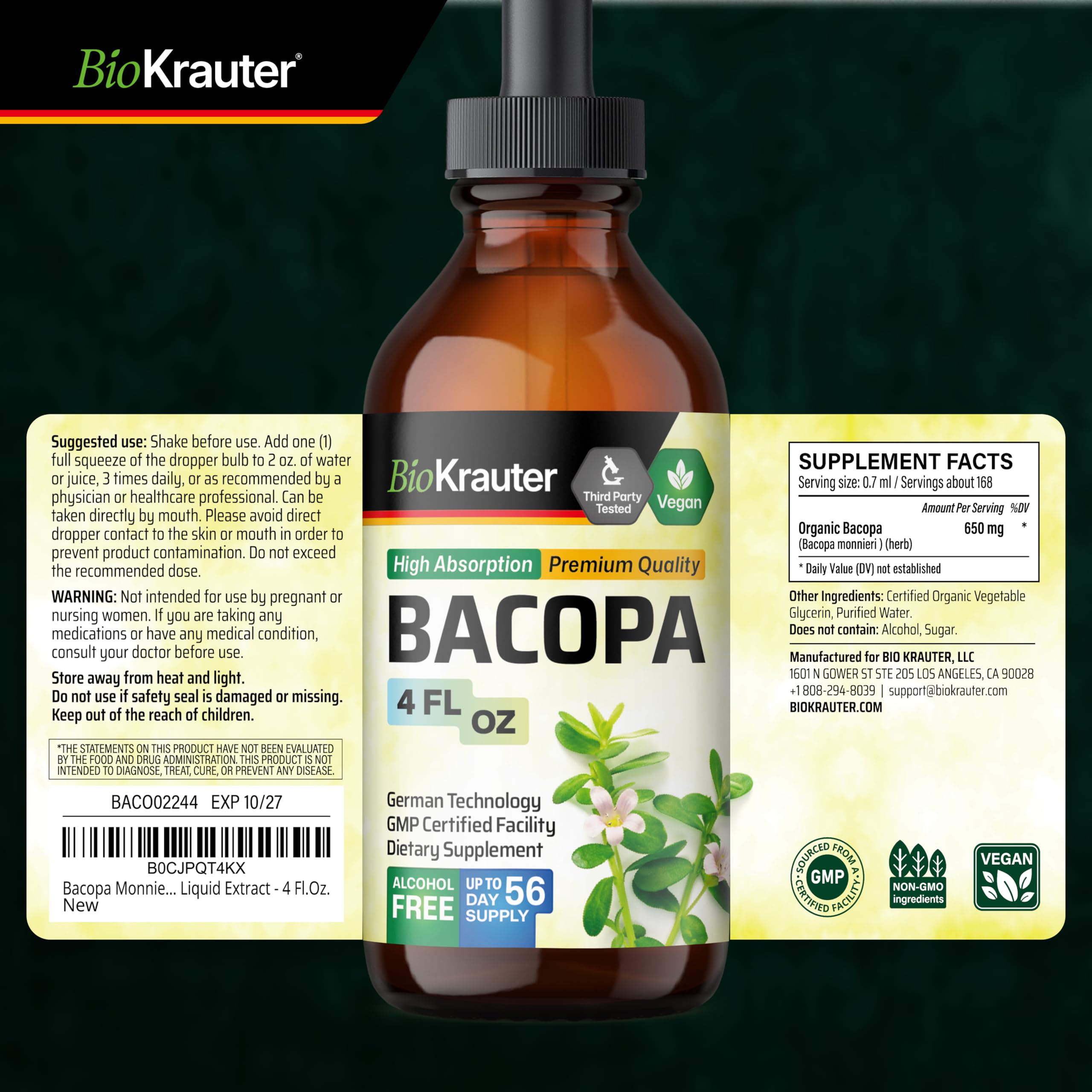 BIO KRAUTER Bacopa Drops packaging highlights simple three-ingredient formula