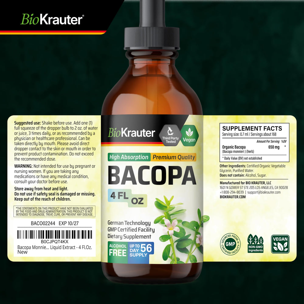 BIO KRAUTER Bacopa Drops packaging highlights simple three-ingredient formula