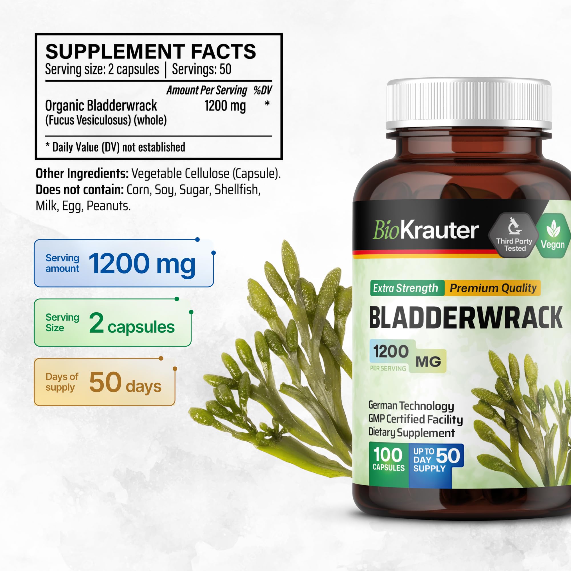 BIO KRAUTER Bladderwrack capsules packaging shows vegan, GMO-free formulation