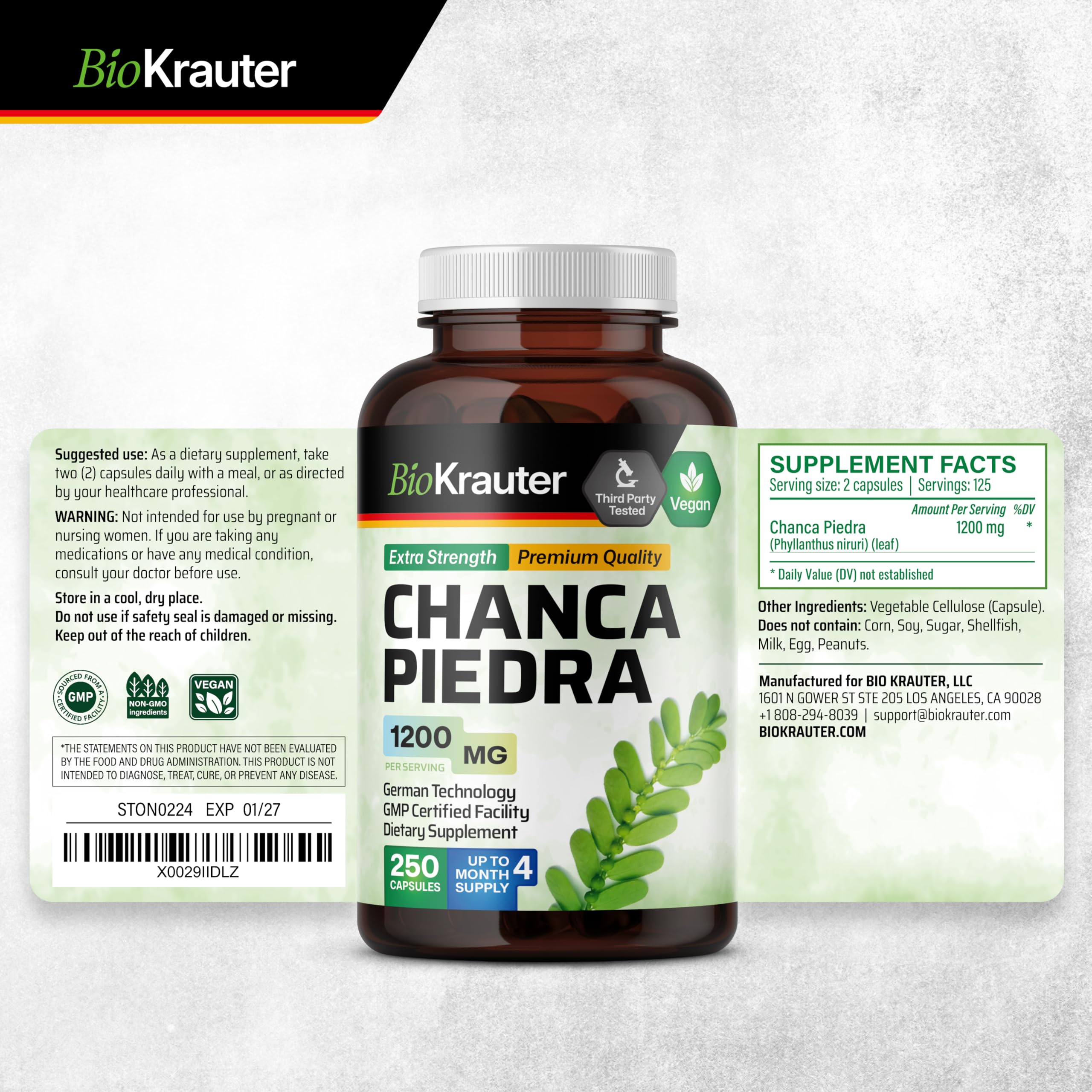 BIO KRAUTER bottle with leaves conveys natural herbal blend.