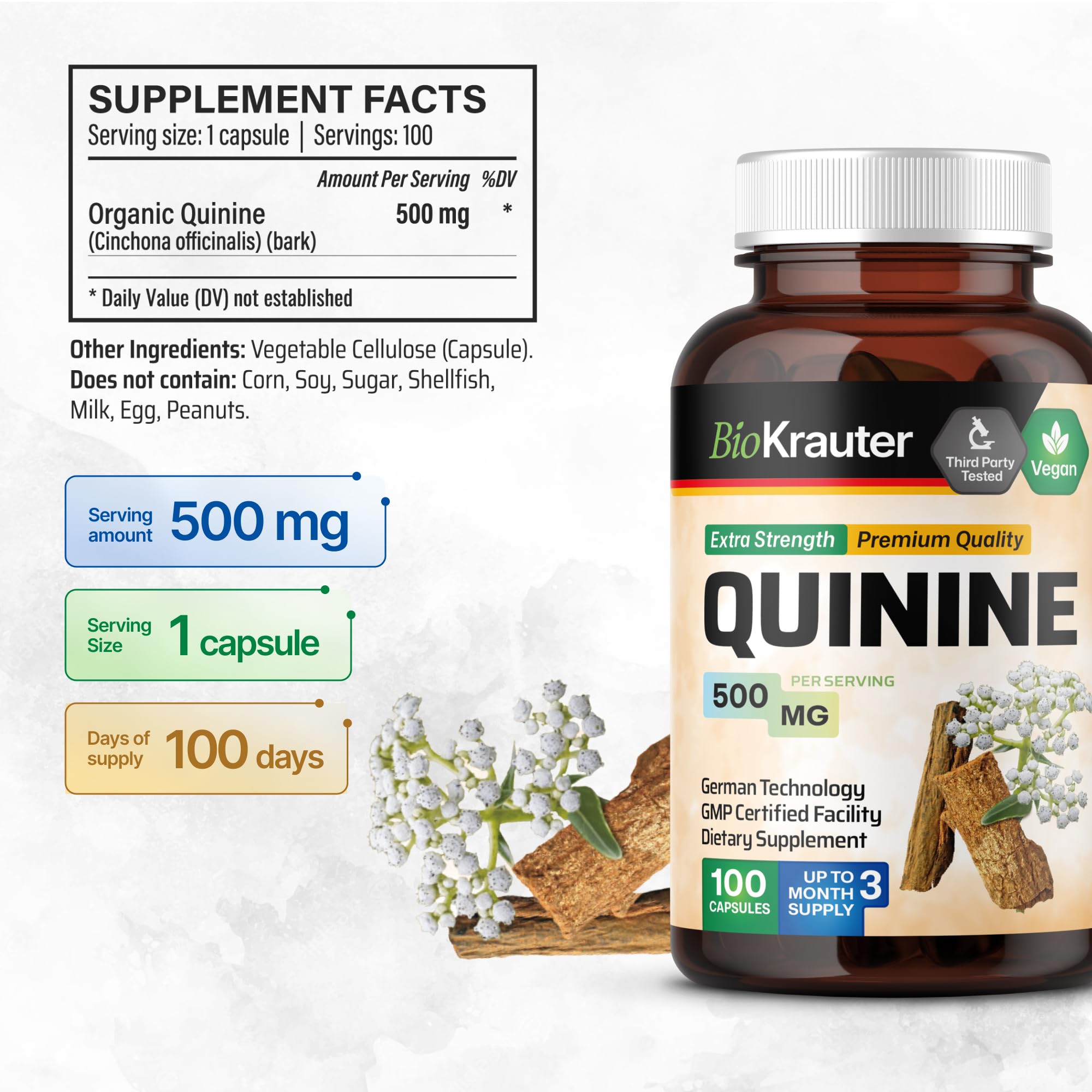 BIO KRAUTER cinchona bark powder capsules close-up with natural ingredients