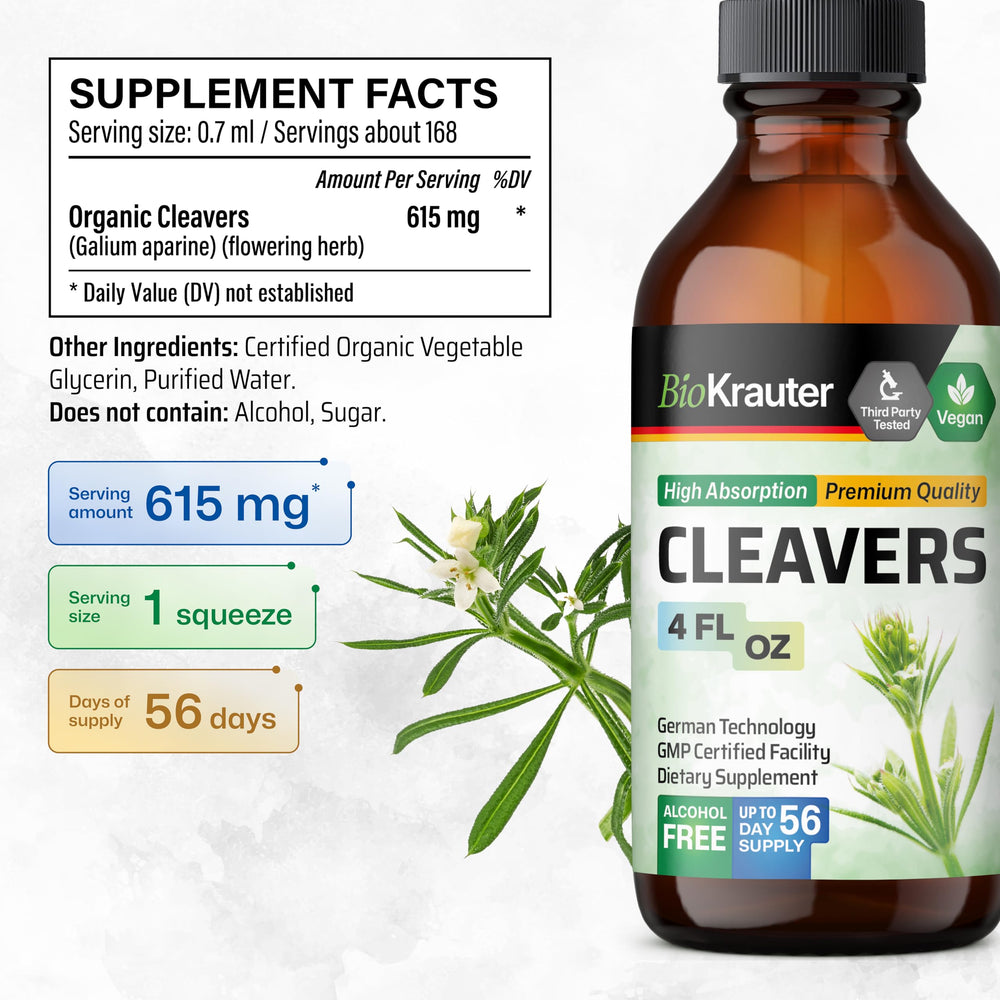 BIO KRAUTER Cleavers ingredient label highlights vegan, non-GMO formula for daily use.