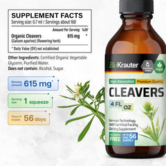 BIO KRAUTER Cleavers ingredient label highlights vegan, non-GMO formula for daily use.