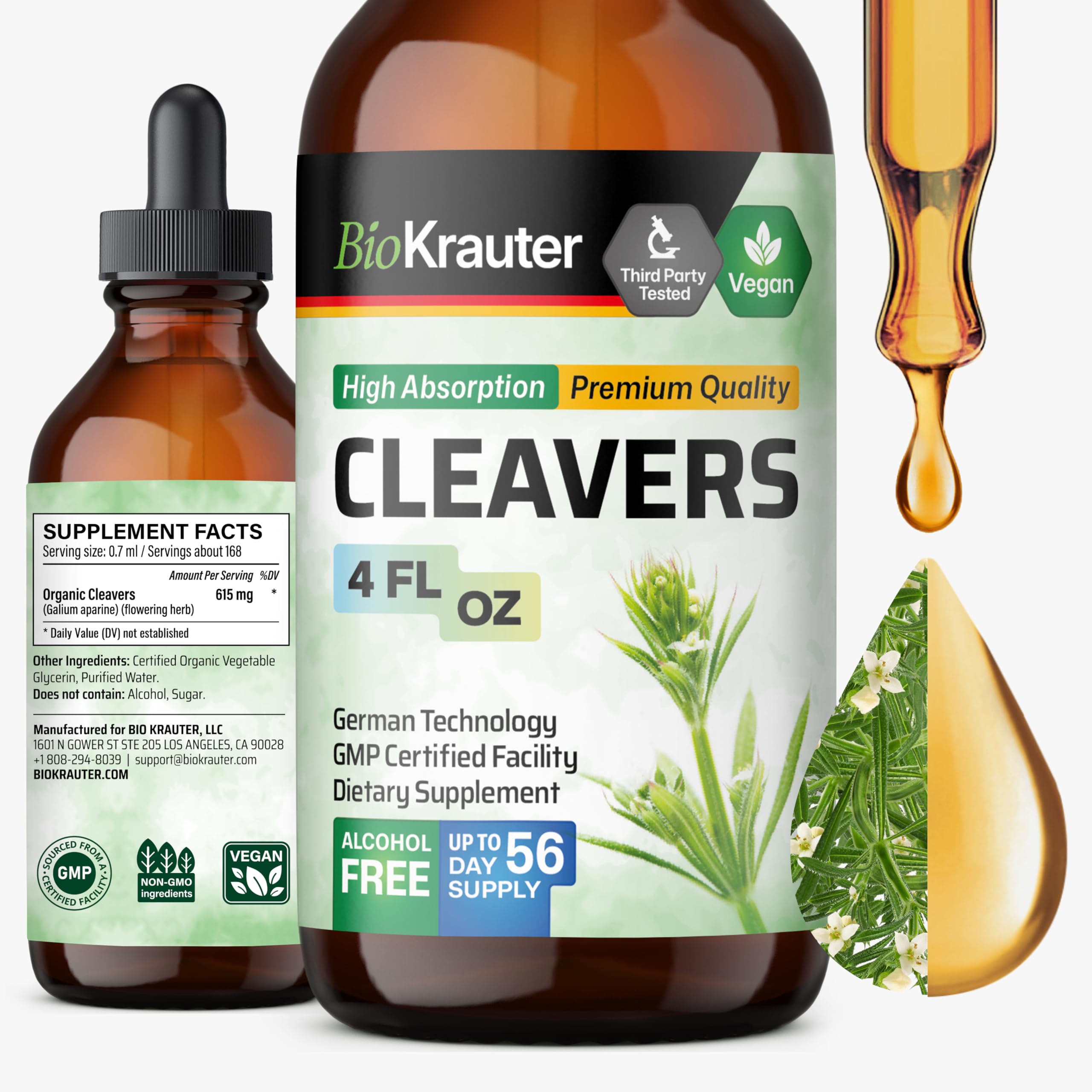BIO KRAUTER Cleavers liquid bottle ready for daily lymphatic support.