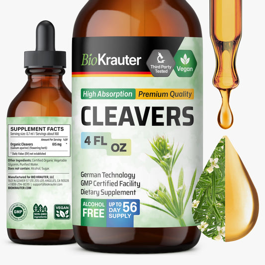 BIO KRAUTER Cleavers liquid bottle ready for daily lymphatic support.