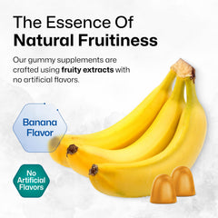 Gummies arranged beside the label to suggest non-GMO, artificial-free ingredients