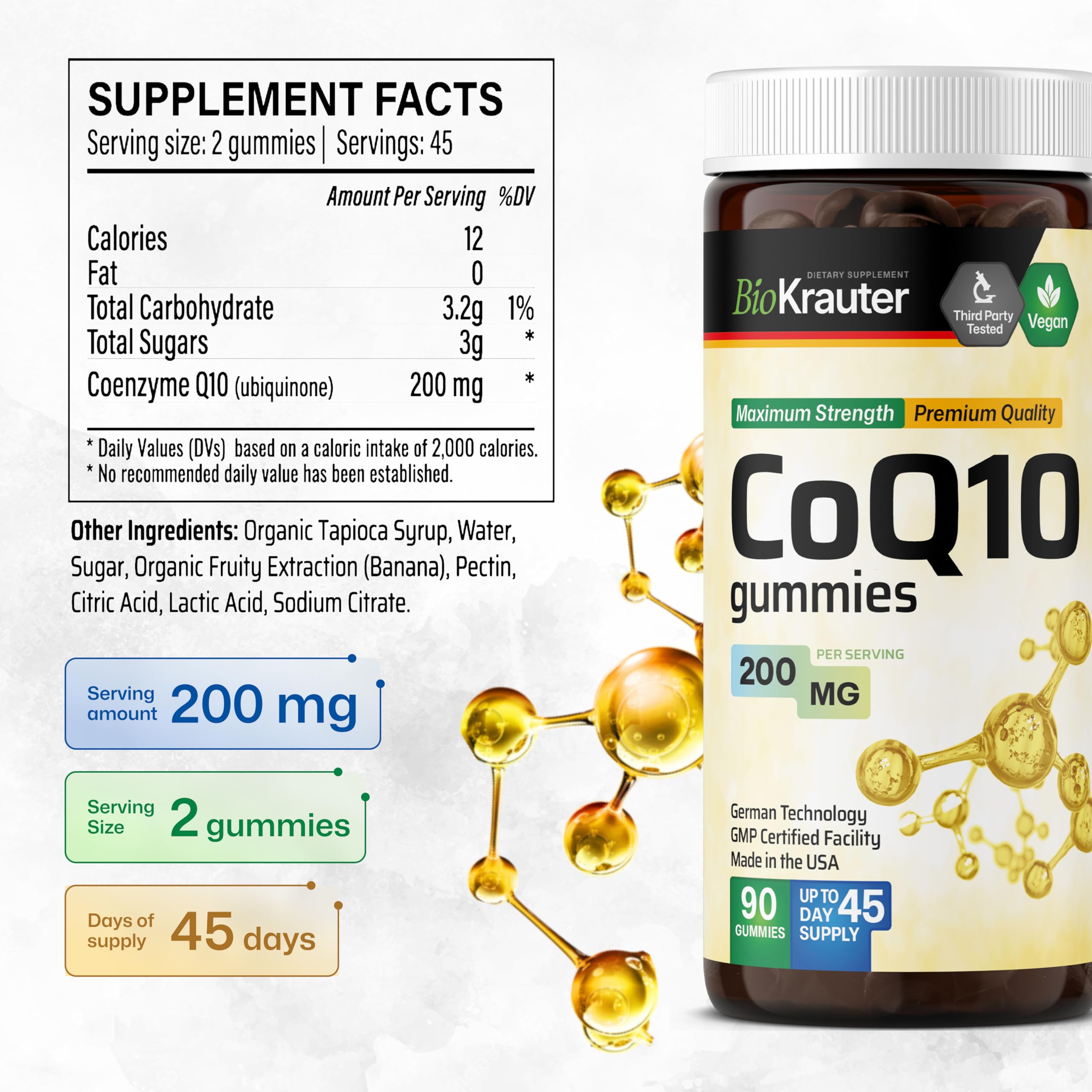 BIO KRAUTER CoQ10 bottle and label emphasize German manufacturing quality