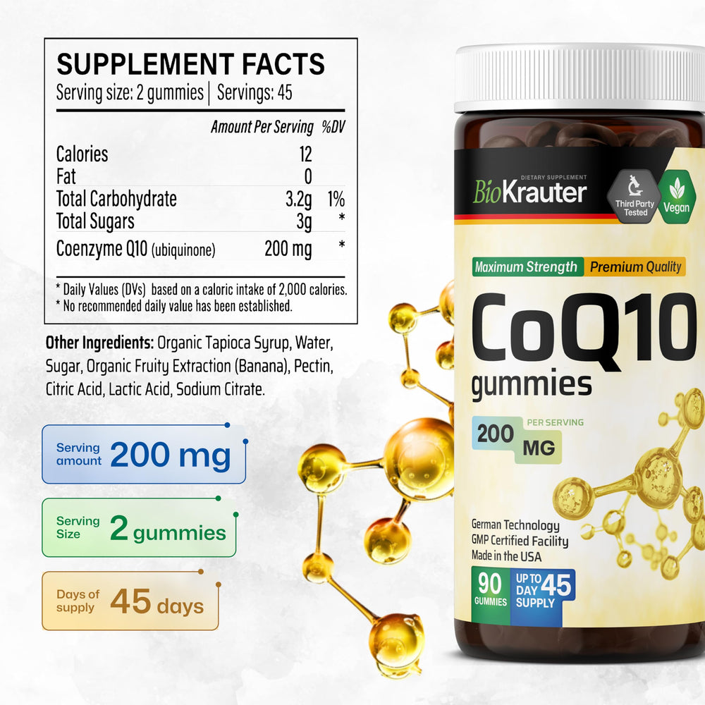 BIO KRAUTER CoQ10 bottle and label emphasize German manufacturing quality
