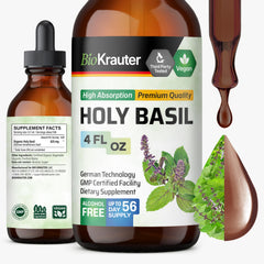 BIO KRAUTER Holy Basil tincture bottle closeup for calmness and natural relief.