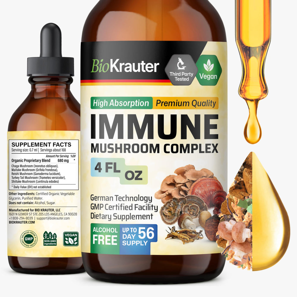BIO KRAUTER immune mushroom bottle highlights vegan, alcohol-free tincture for daily wellness