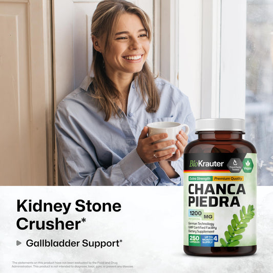 BIO KRAUTER kidney-support capsules in bottle showcasing vegan, GMO-free ingredients for daily wellness.