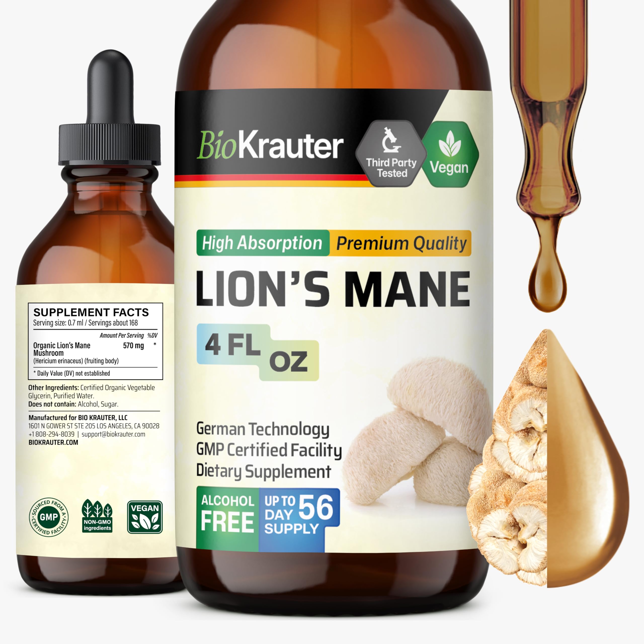 BIO KRAUTER Lions Mane Drops bottle shown for easy daily use and focus support.