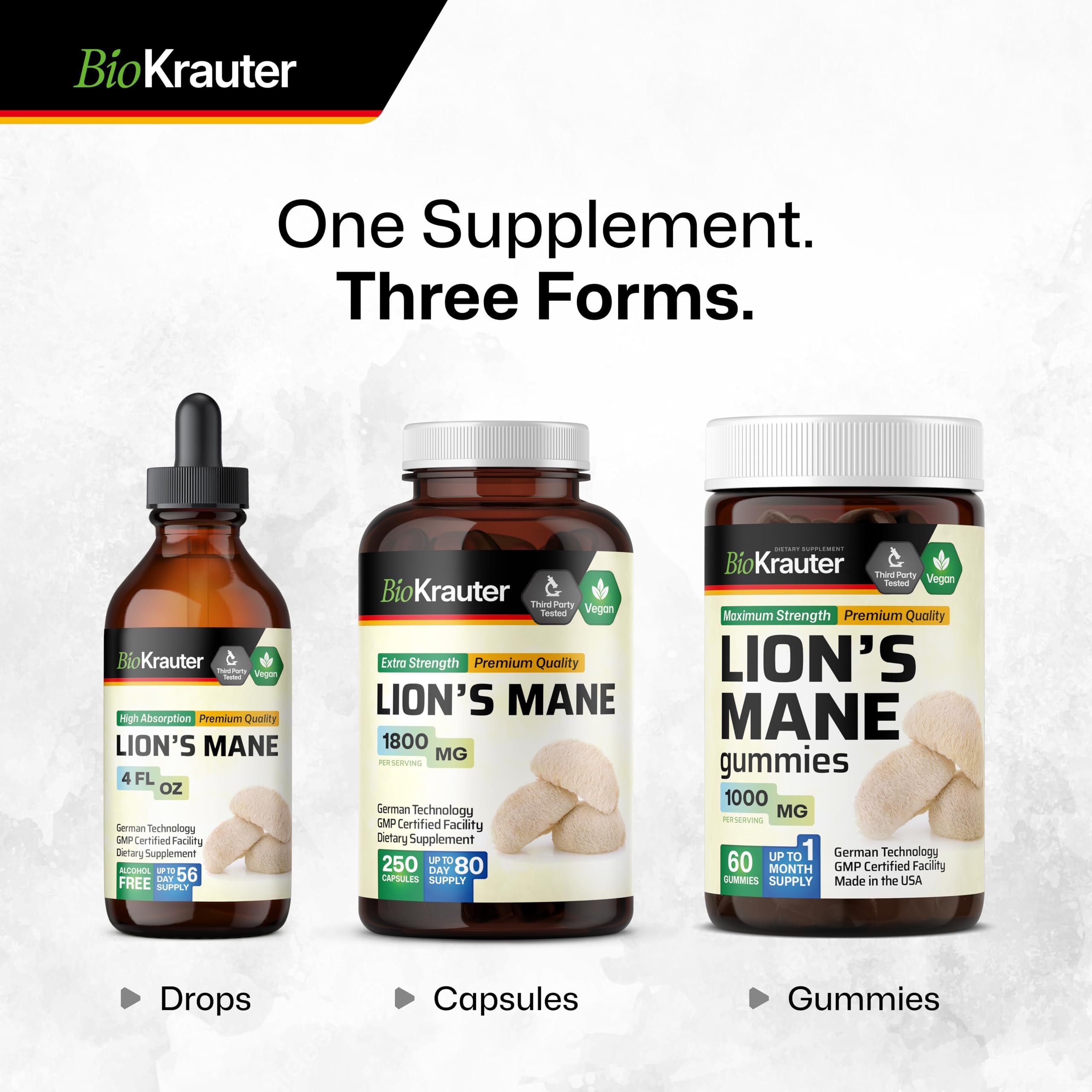 BIO KRAUTER Lions Mane bottle reflecting German technology-inspired formulation.