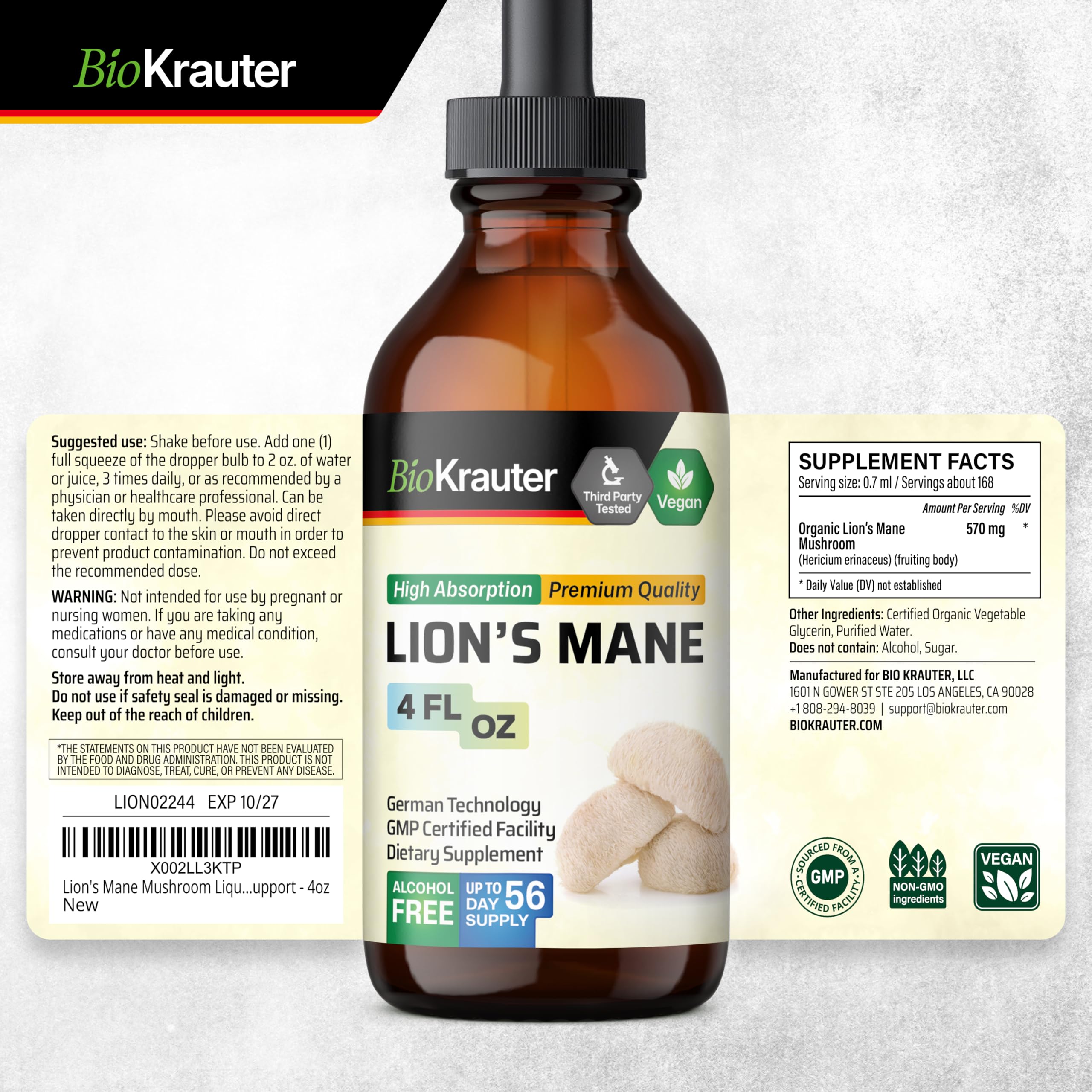 BIO KRAUTER Lions Mane drops ready to blend with tea or coffee.