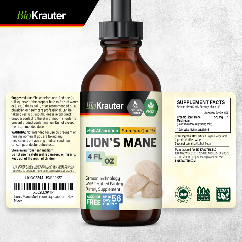BIO KRAUTER Lions Mane drops ready to blend with tea or coffee.