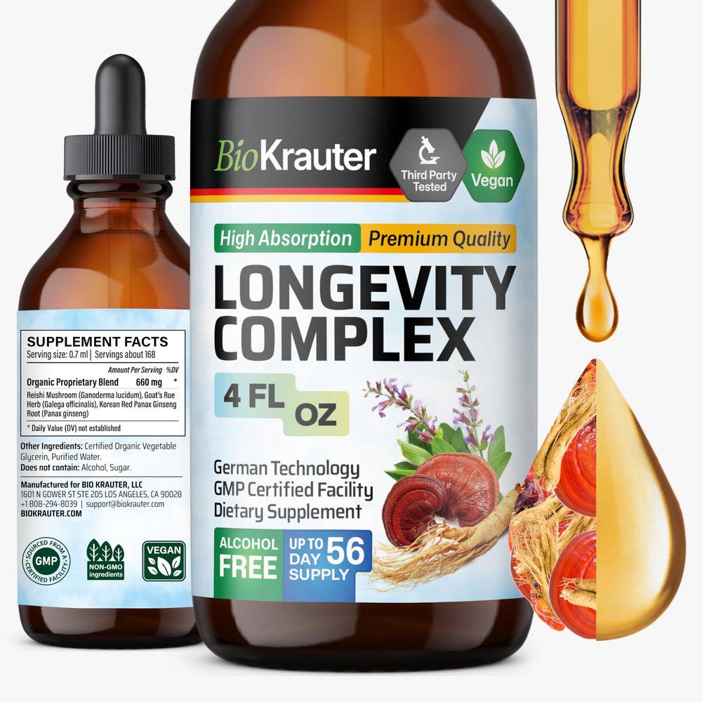 BIO KRAUTER Longevity bottle shows a vegan tincture for daily wellness