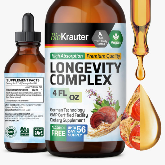 BIO KRAUTER Longevity bottle shows a vegan tincture for daily wellness