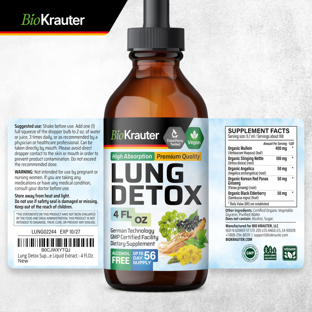 BIO KRAUTER Lung Detox Drops packaging close-up on 4 oz bottle and label